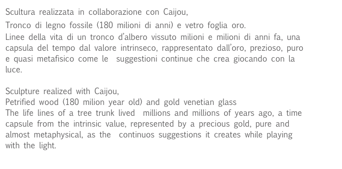 Scultura realizzata in collaborazione con Caijou, www.caijou.com
Tronco di legno fossile (180 milioni di anni) e vetro foglia oro.
Linee della vita di un tronco d’albero vissuto milioni e milioni di anni fa, una capsula del tempo dal valore intrinseco, rappresentato dall’oro, prezioso, puro e quasi metafisico come le  suggestioni continue che crea giocando con la luce.

Sculpture realized with Caijou, www.caijou.com
Petrified wood (180 milion year old) and gold venetian glass
The life lines of a tree trunk lived  millions and millions of years ago, a time capsule from the intrinsic value, represented by a precious gold, pure and almost metaphysical, as the  continuos suggestions it creates while playing with the light.
